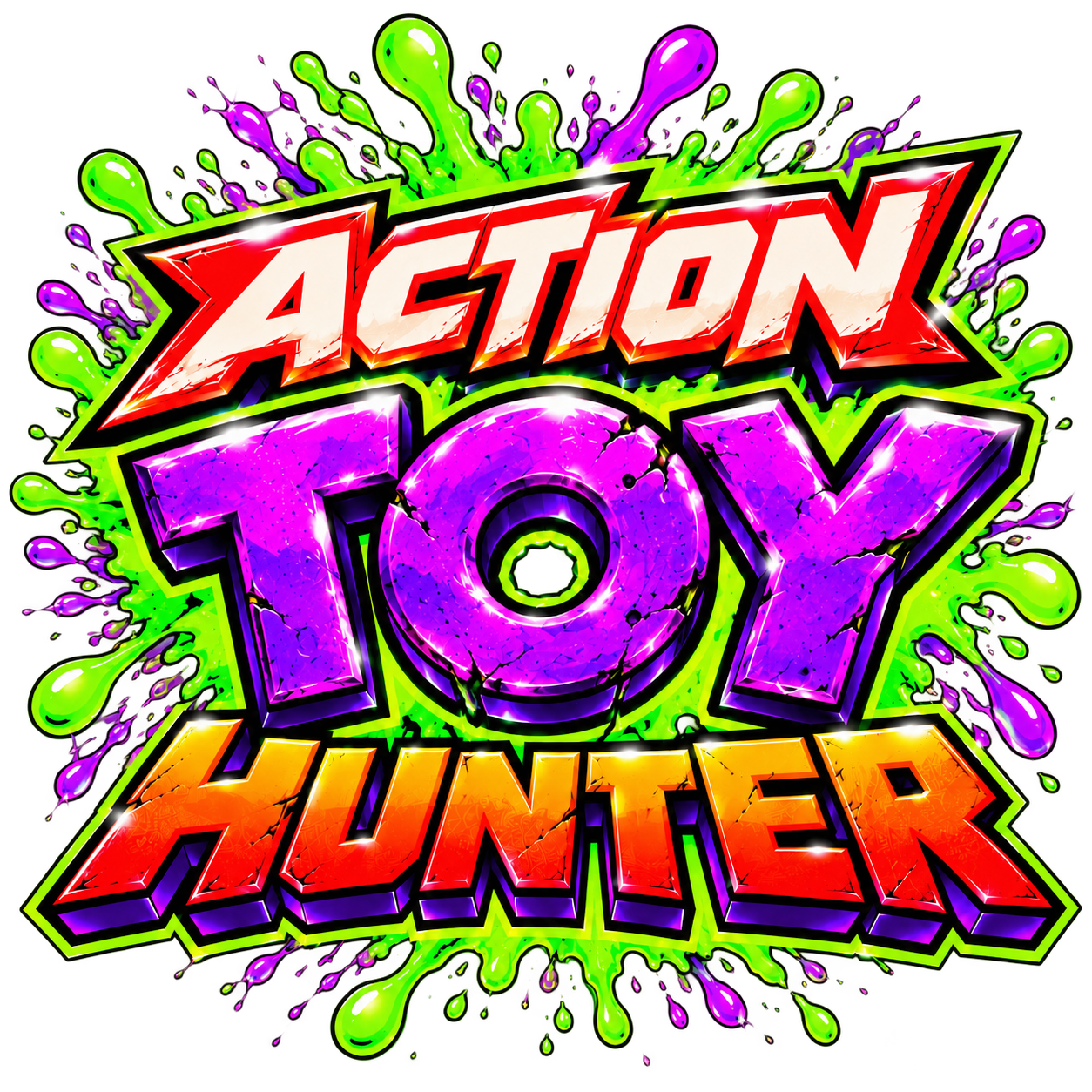 Action Toy Hunter: leuchtendes Retro-Logo mit grünem und lila Slime